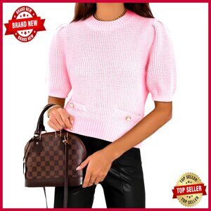 Short Sleeve Cropped Pullover Sweater Puff Sleeves Ribbed Knit Lightweight